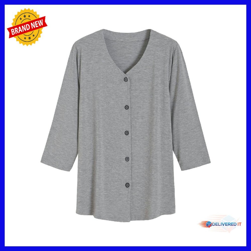 Soft Bamboo Viscose 3/4 Sleeve Button Up Pajama Top V Neck Sleep Shirt